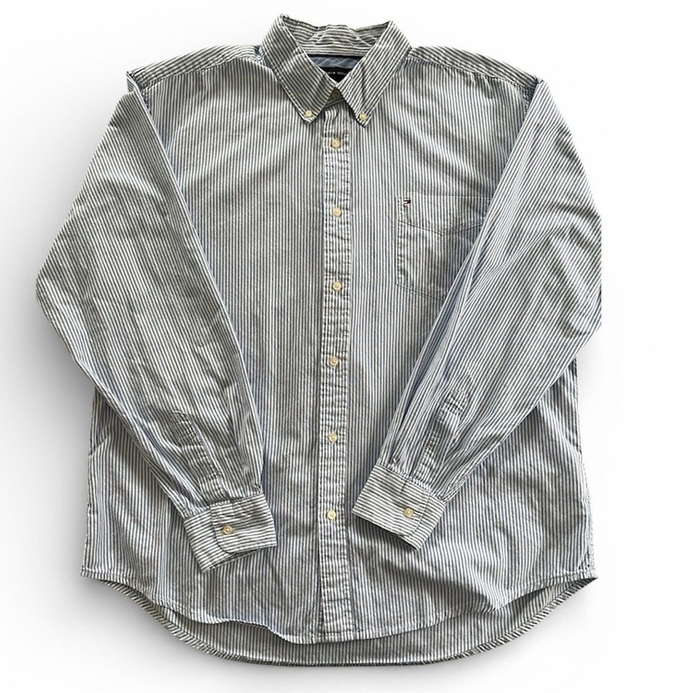 Tommy Hilfiger Mens XL Light Blue White Striped Button Down Shirt Long‎ Sleeve